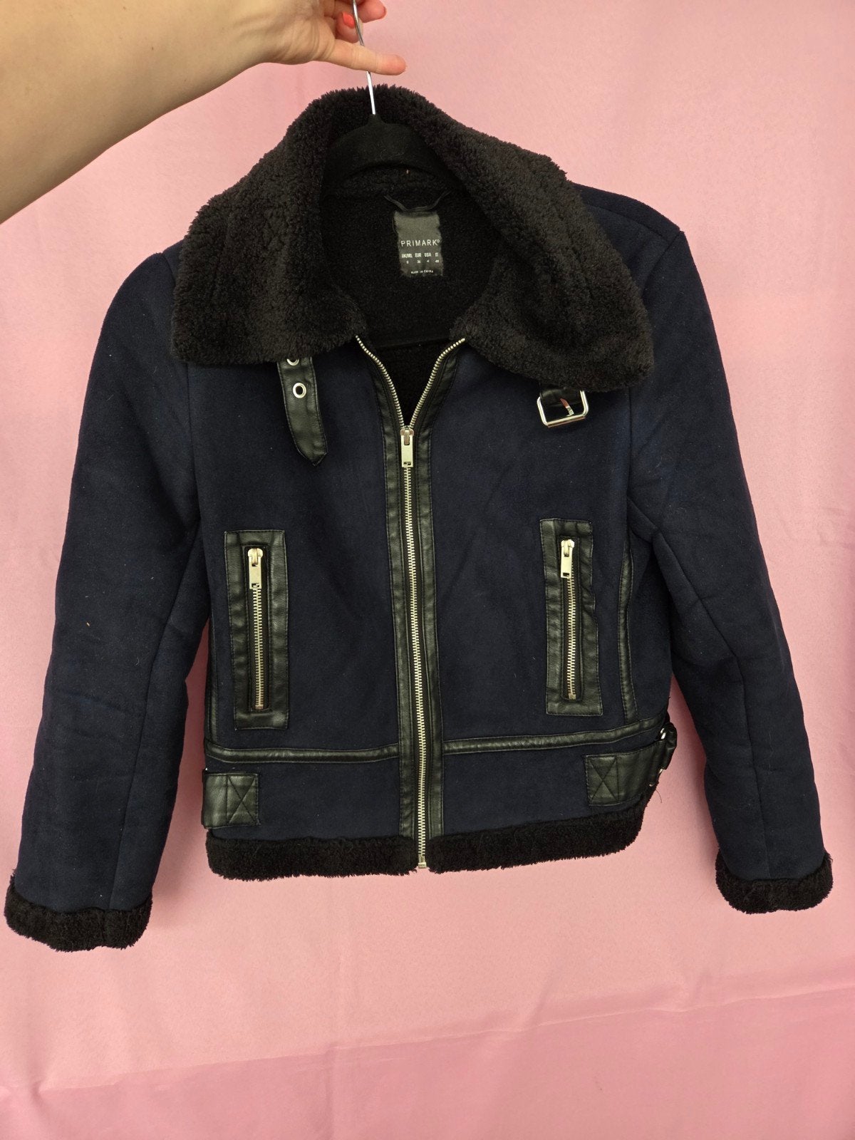 Primark marineblauwe bikerjack met teddy voering, Ophalen of Verzenden, Zo goed als nieuw, Maat 36 (S), Primark