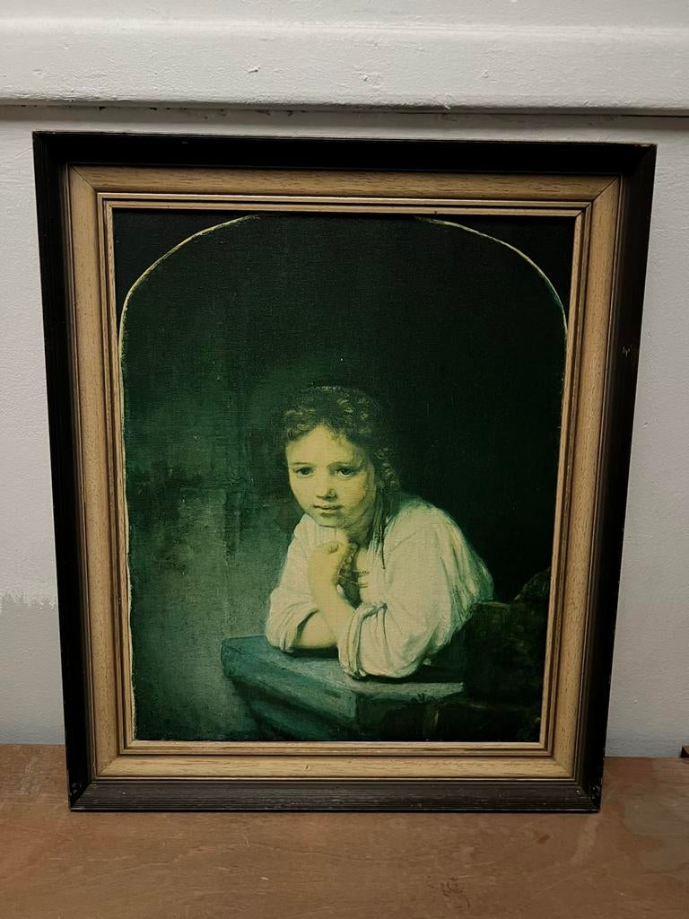 REMBRANDT Reproductie Canvas Lijst 70 jaar MEISJE IN VENSTER, Antiek en Kunst, Ophalen of Verzenden