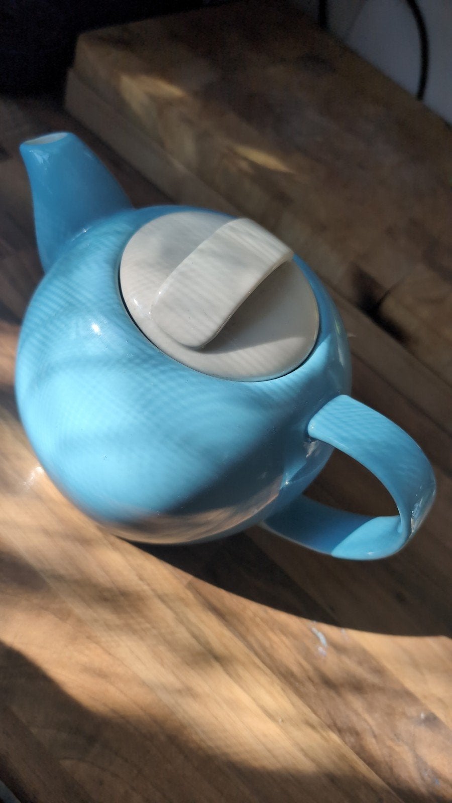 Vintage D.E.F. theepot - Lichtblauw met wit deksel, Ophalen of Verzenden