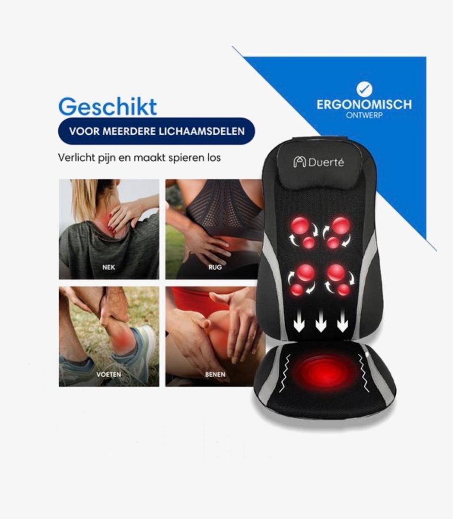 Duerté Shiatsu Massagekussen Nek & Rug - Infrarood & Vibrati, Sport en Fitness, Massageproducten, Ophalen of Verzenden, Zo goed als nieuw