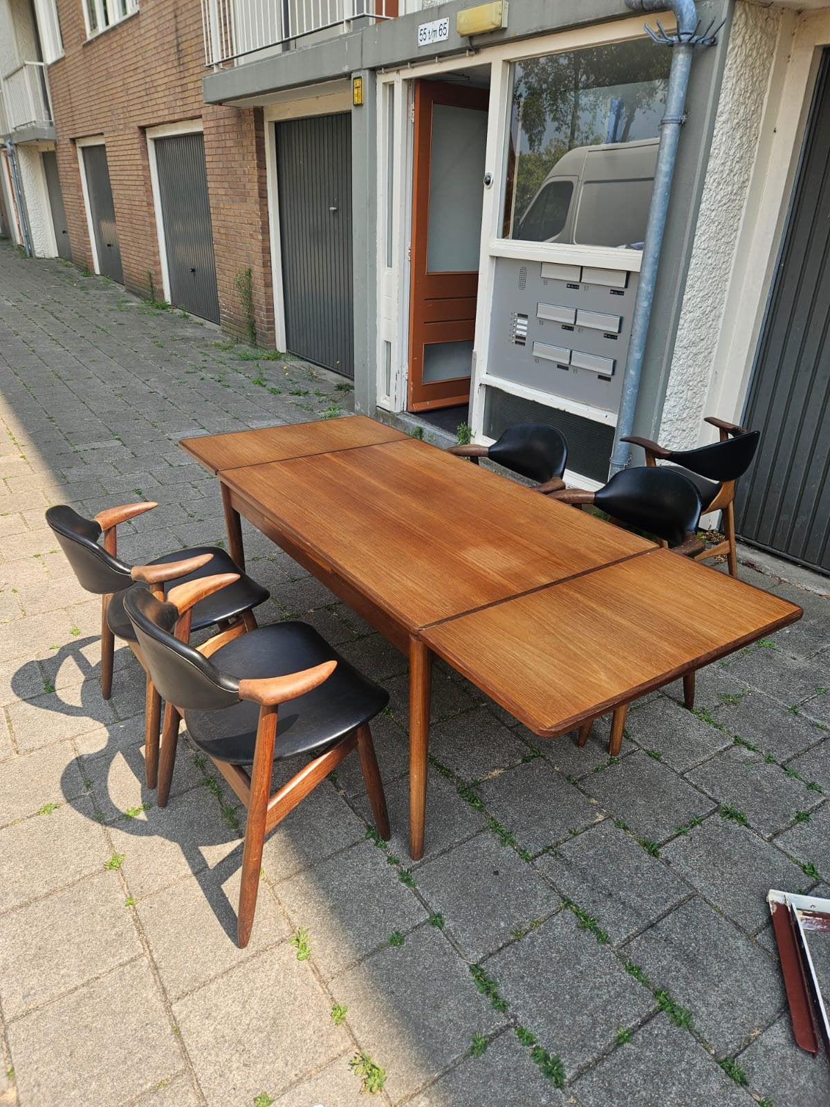 Tijsseling Hulmefa Koehoorn Stoelen + Vintage Teak Tafel, Ophalen of Verzenden, Zo goed als nieuw, 4 tot 6 stoelen