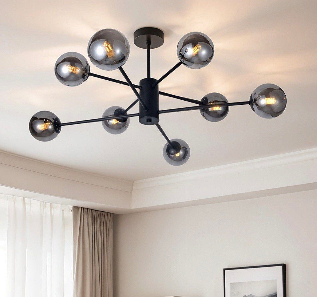 Design Idaho plafondlamp met 8 smoke lampen, Ophalen, Zo goed als nieuw, Glas, Modern, Design