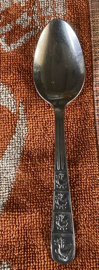 Vintage  lepel met handvat met eendjes, Ophalen of Verzenden, Rvs of Chroom
