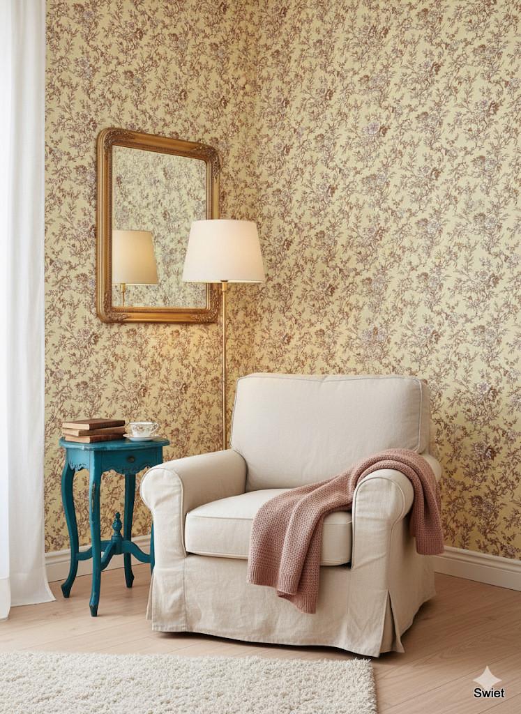 14124 botergeel bloemen vintage wallpaper klassiek swiet, Huis en Inrichting, Verzenden, Minder dan 10 m², Wit