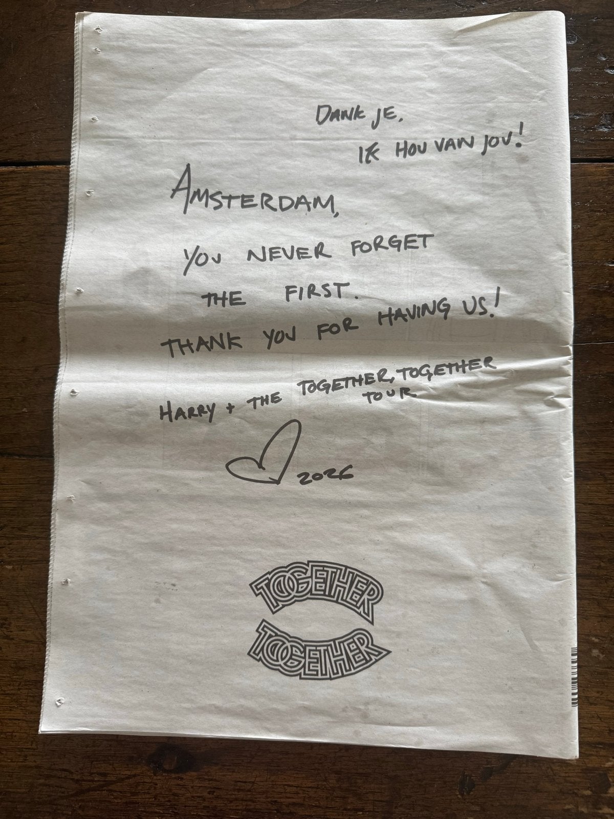 Het Parool met handgeschreven boodschap Harry Styles, Ophalen of Verzenden, Gelezen, Krant
