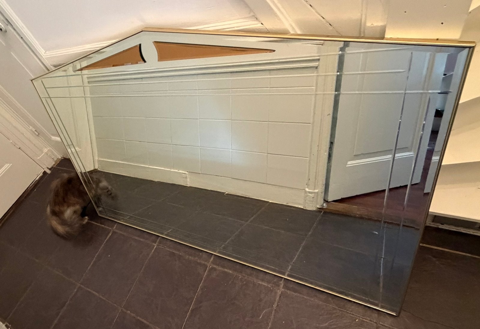Vintage grote geslepen spiegel, Ophalen, Gebruikt, Overige vormen, 150 tot 200 cm