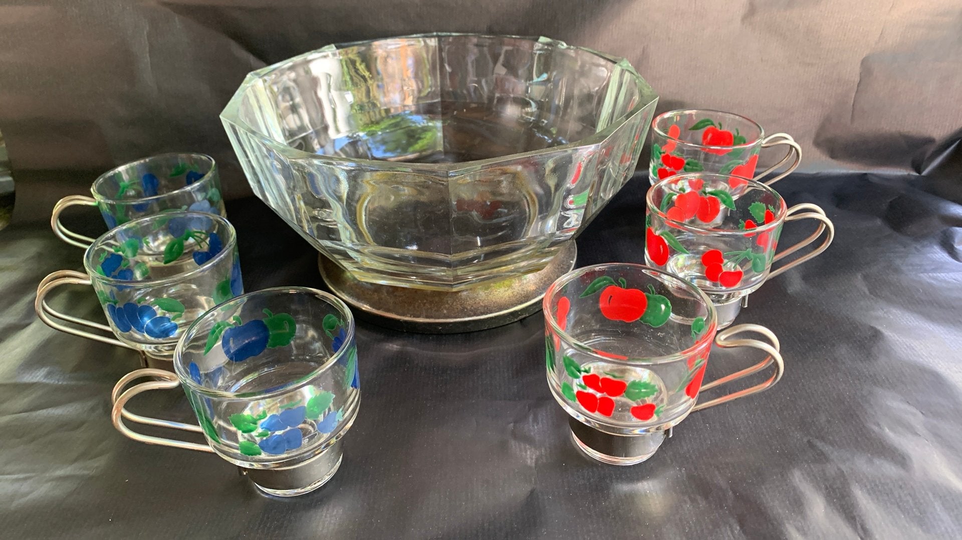 Vintage Glazen Punch Set met Kom en 6 Kopjes, Ophalen of Verzenden