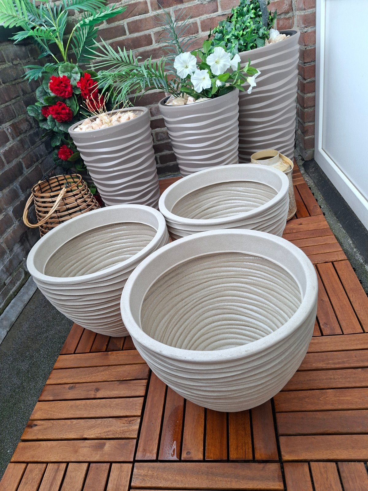 Set van 3 crèmekleurige bloempotten met reliëf, Tuin en Terras, Bloembakken en Plantenbakken, Ophalen, Overige materialen, Rond