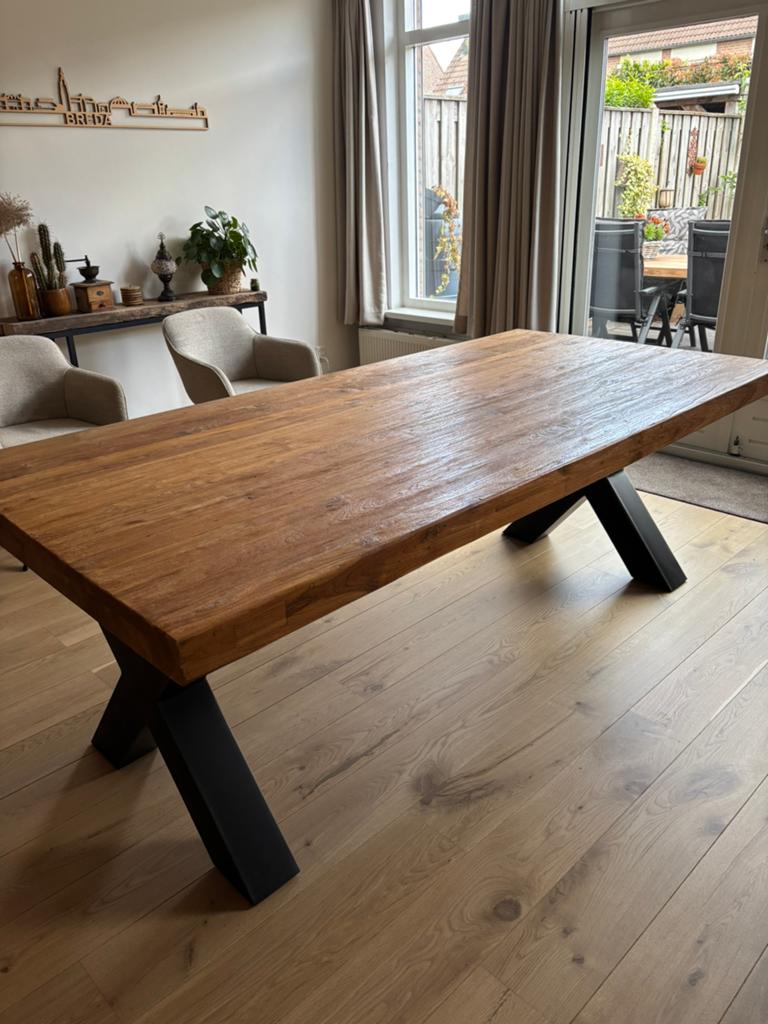 Industriele eettafel robuust geborsteld teak, Ophalen, Gebruikt, 100 tot 150 cm, Teakhout