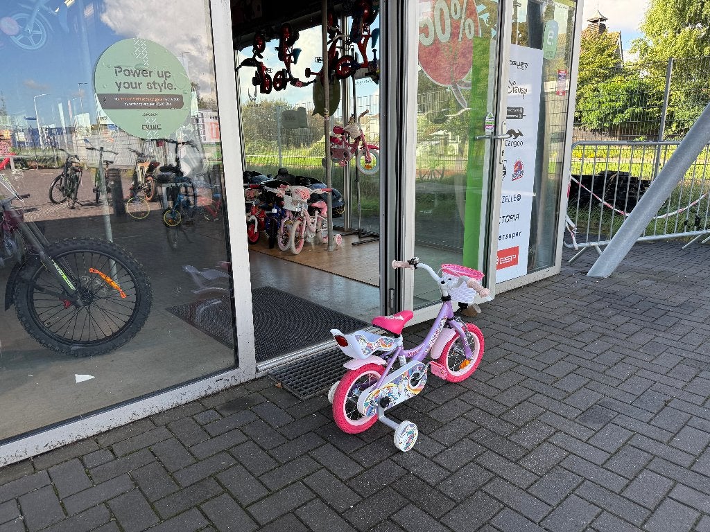 FIETSMASTER Unicorn Kinderfiets - Meisjes - 12 inch - Paars, Terugtraprem, Zijwieltjes, Nieuw, Minder dan 16 inch