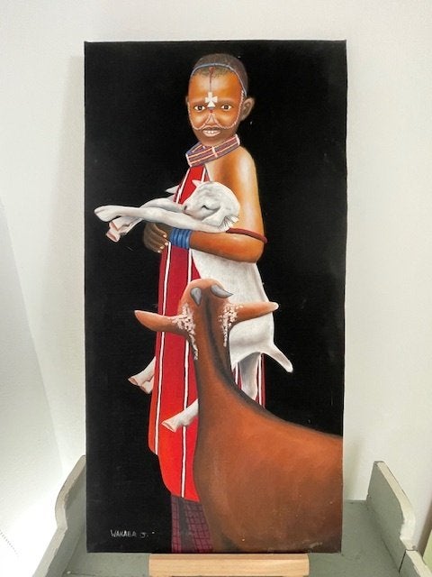 Schilderij op doek / stof. Afrikaans thema. Jongen met geit., Ophalen