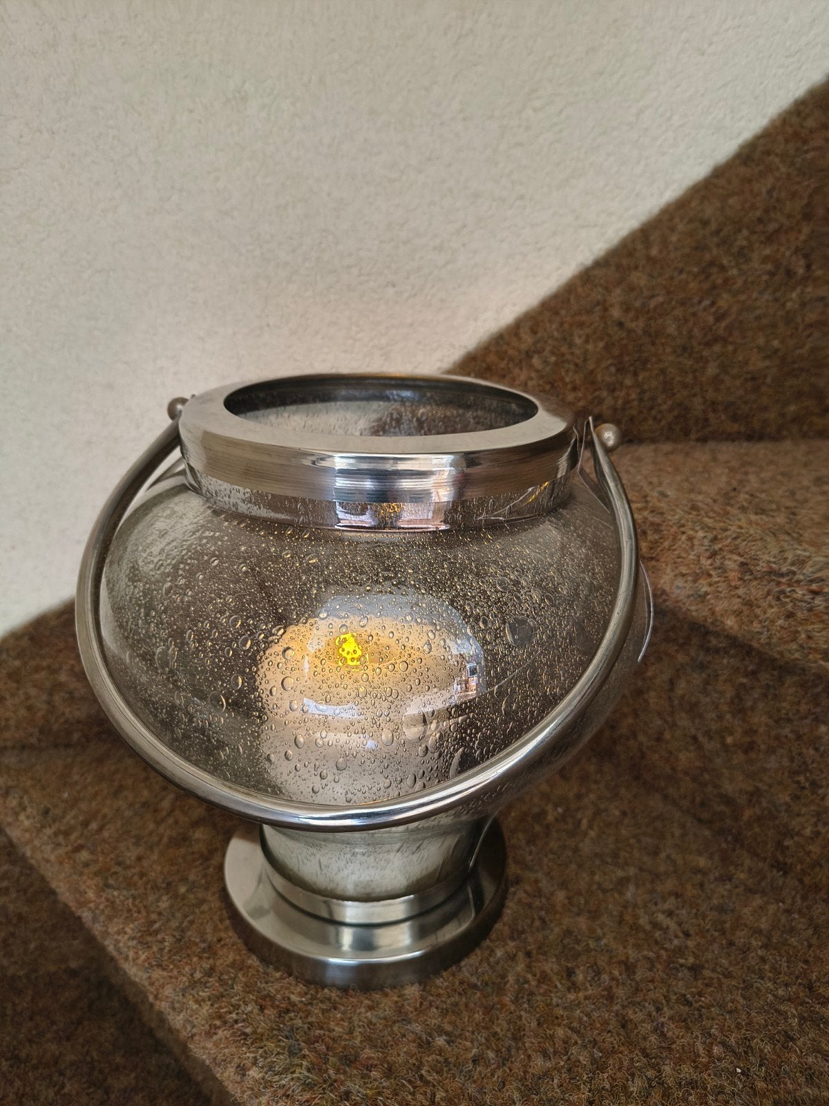 Stijlvolle glazen windlicht/kandelaar met metalen accenten, Ophalen, Windlicht, Zilver, Glas