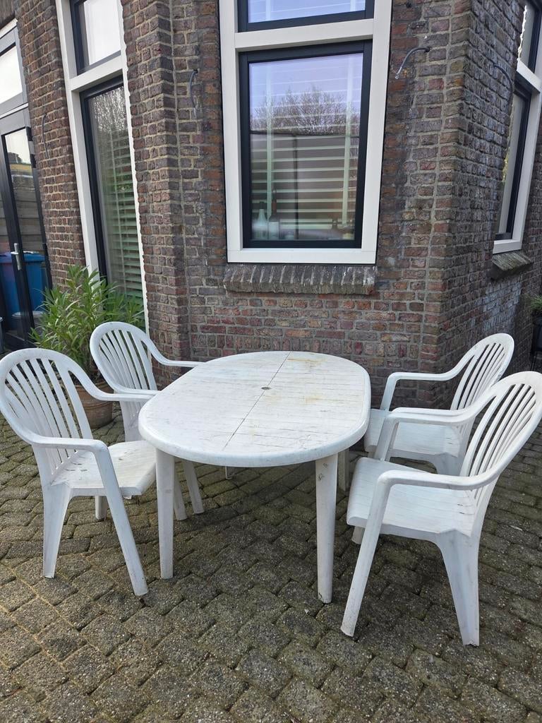 Tuinset: ovale tafel met 4 stoelen, kunstof wit, Tuin en Terras, Ophalen, Gebruikt, Ovaal, Kunststof