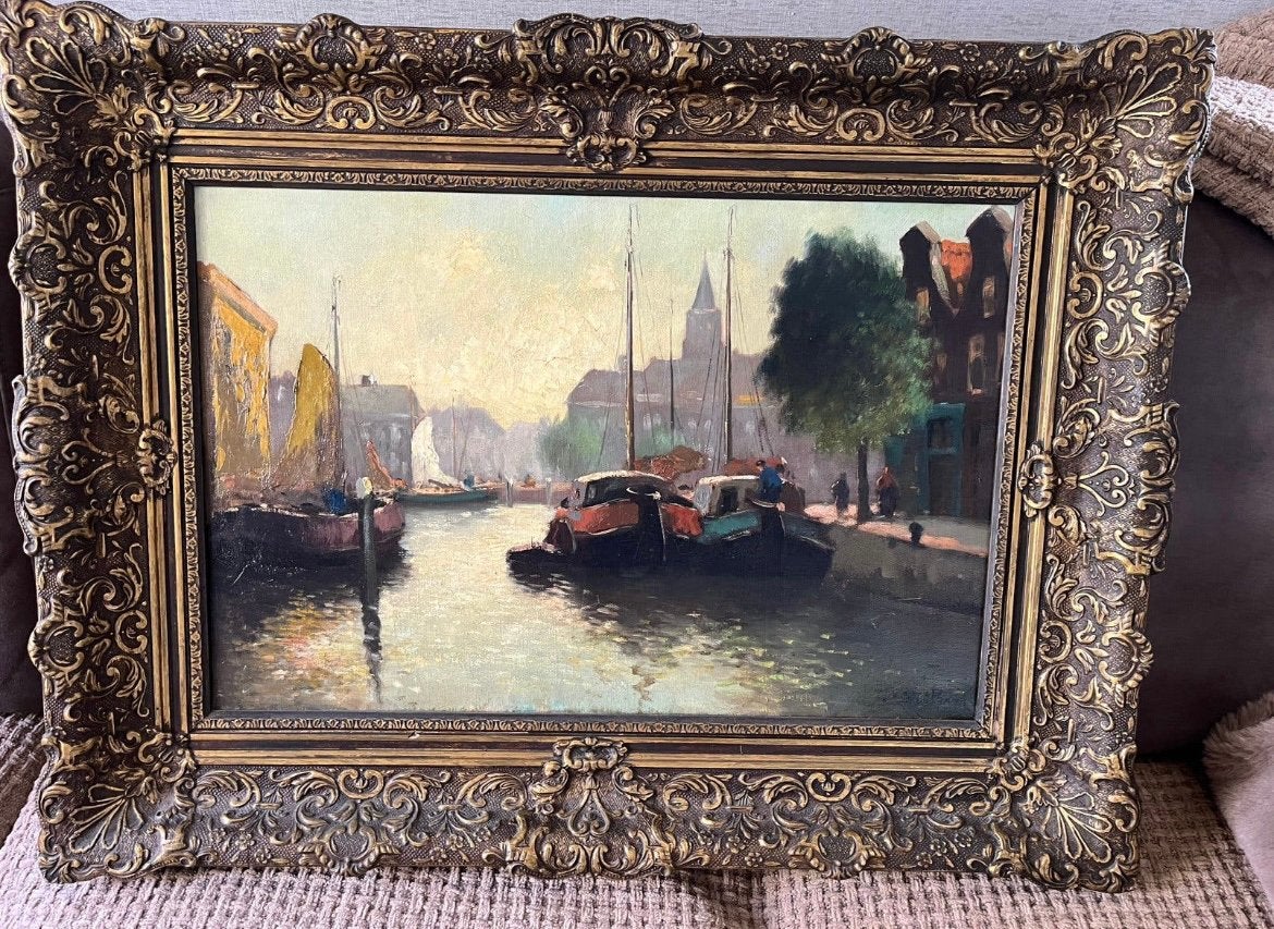 Antiek olieverf stadsgezicht schilderij, Ophalen, Nederlandse school, Doek, Gesigneerd
