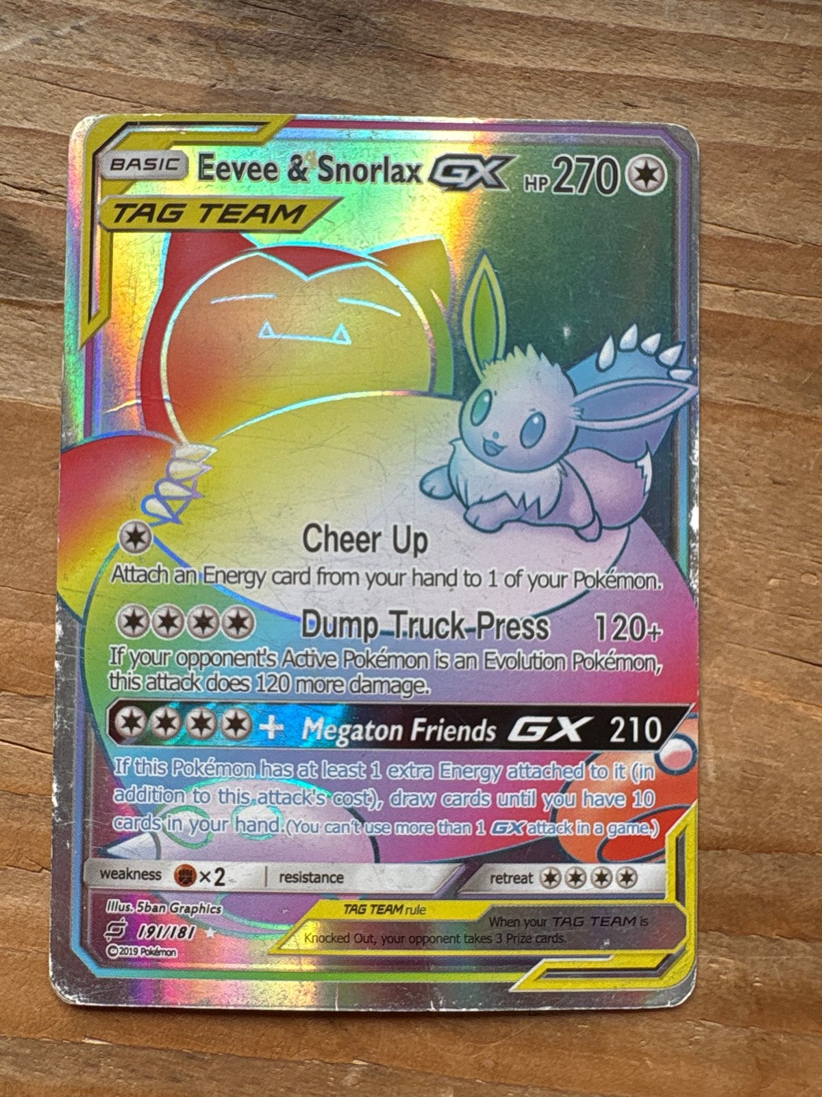 Pokémon Eevee & Snorlax GX TAG TEAM Rainbow Rare 191/181, Ophalen of Verzenden, Gebruikt, Losse kaart, Foil