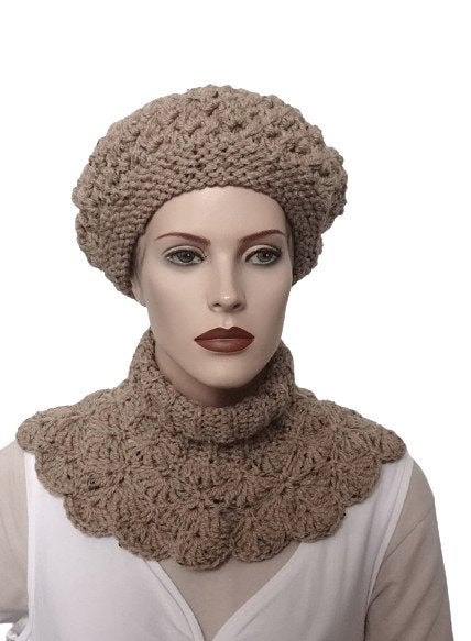 col met baret beige, Maat 38/40 (M), Verzenden, Nieuw, Handgemaakt