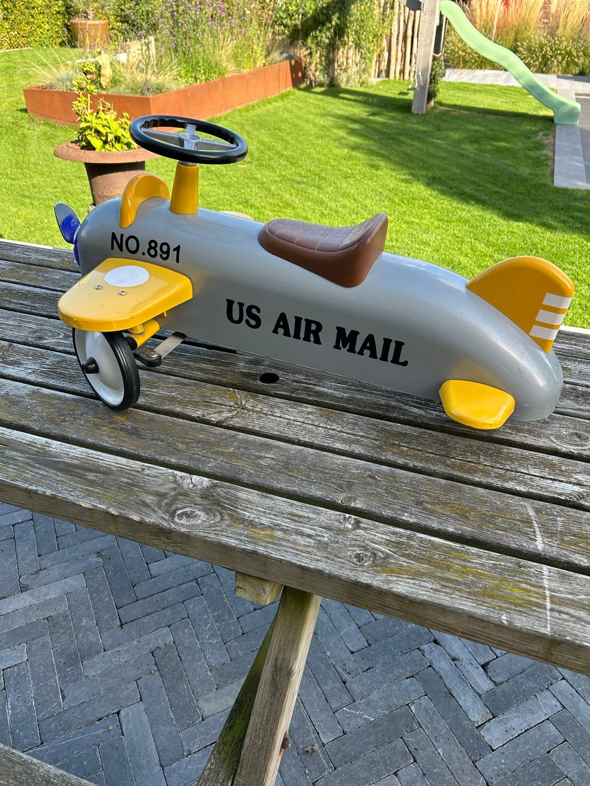 Retro loopvliegtuig US Air Mail - Grijs/Geel, Kinderen en Baby's, Ophalen, Gebruikt, Loopvoertuig