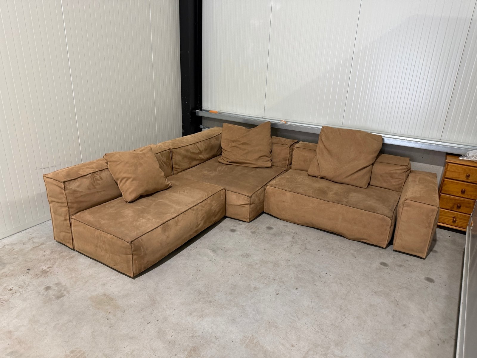 Bruine lederen hoekbank, modulair, Ophalen, Gebruikt, 125 tot 150 cm, Hoekbank