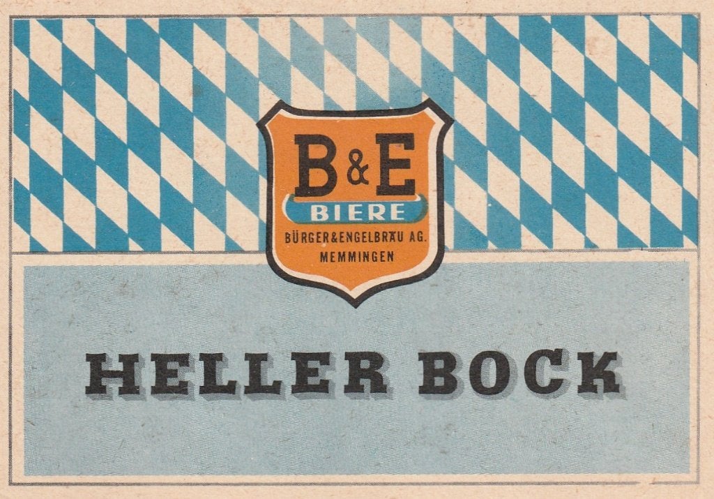 oud bieretiket Duitsland B&E Memmingen Heller Bock, Verzamelen, Verzenden, Zo goed als nieuw, Overige typen, Overige merken