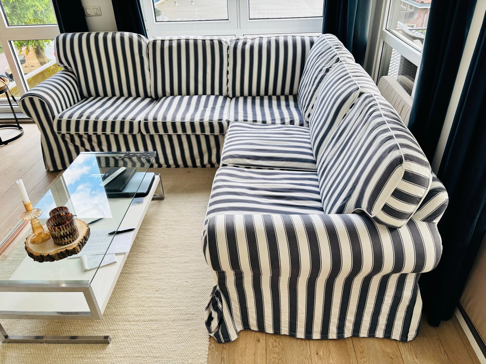 Ikea Ektorp hoekbank blauw-wit gestreept, Ophalen, Gebruikt, Hoekbank, 75 tot 100 cm