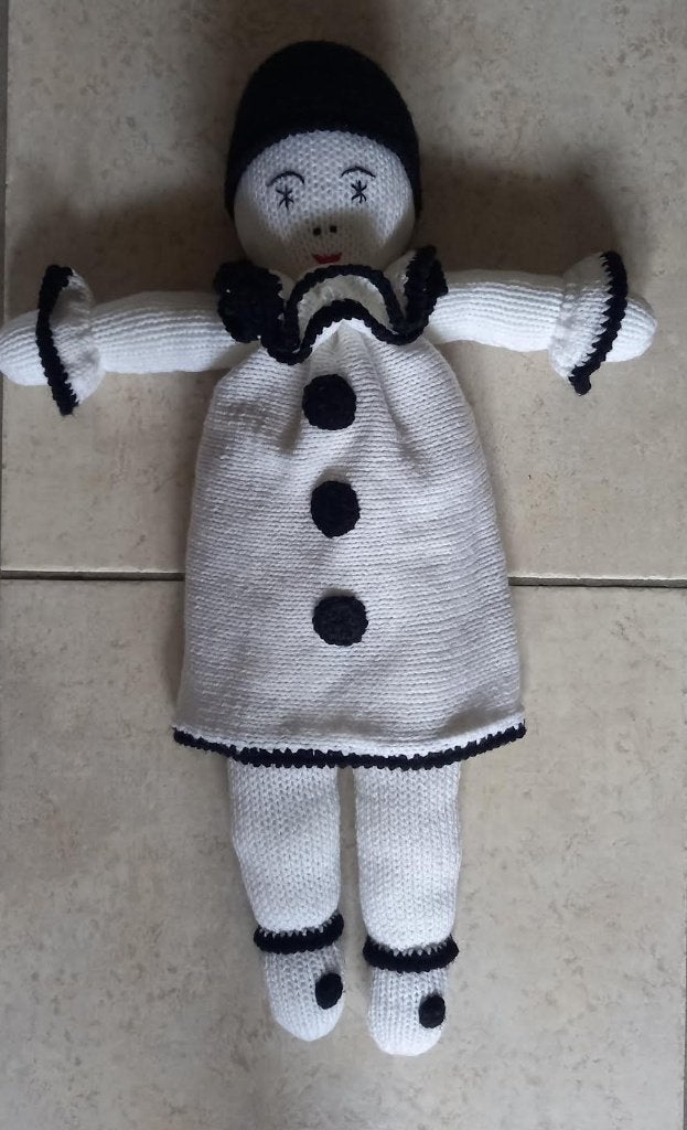 Knuffel Pierrot-pop: handgemaakte zwart-witte clown 57 cm, Ophalen of Verzenden, Zo goed als nieuw, Overige typen
