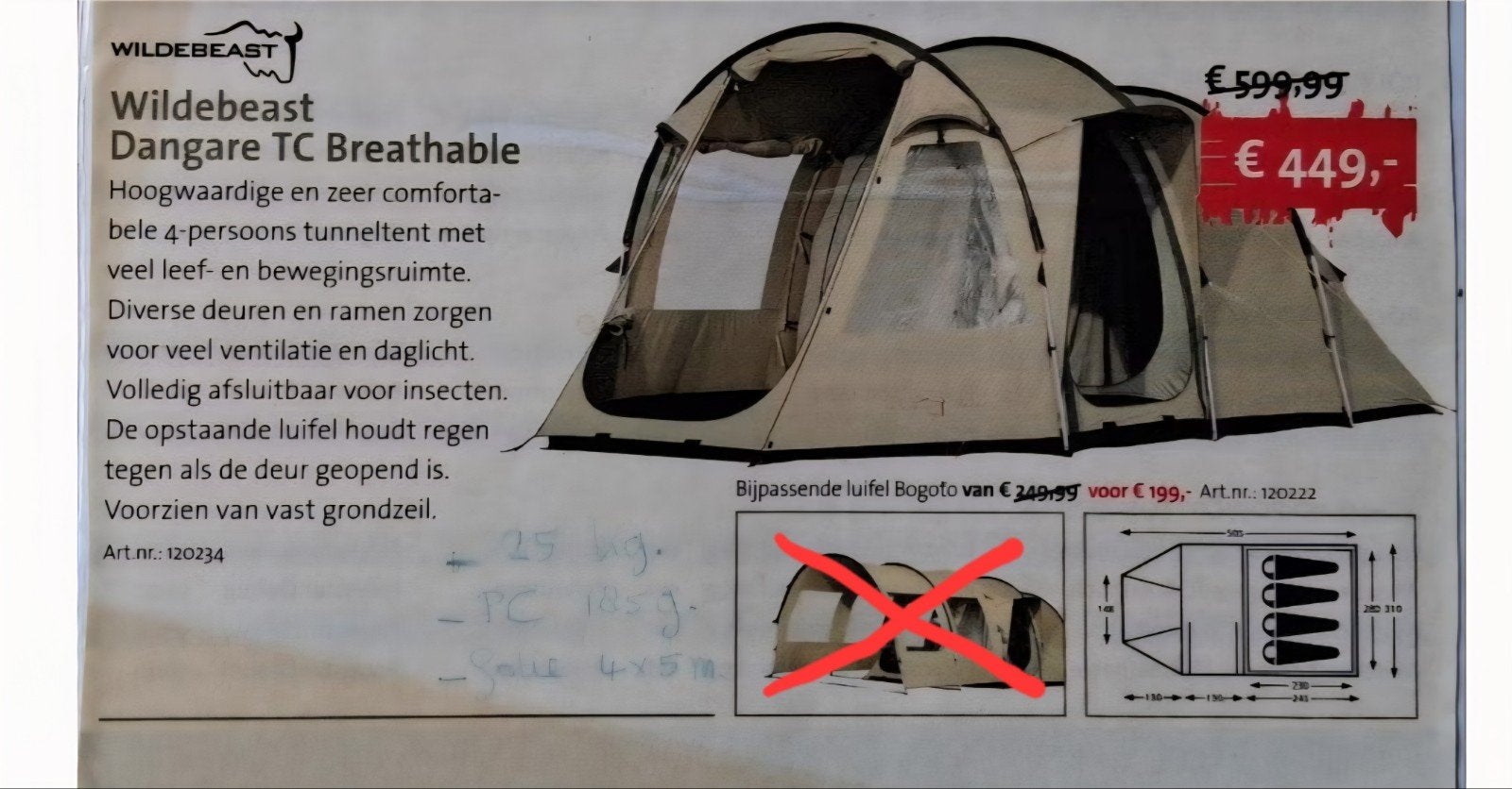 Wildebeast Dangare 4 persoons TC tent met alu stangen, Caravans en Kamperen, Tenten, Ophalen, Gebruikt, Tot en met 4
