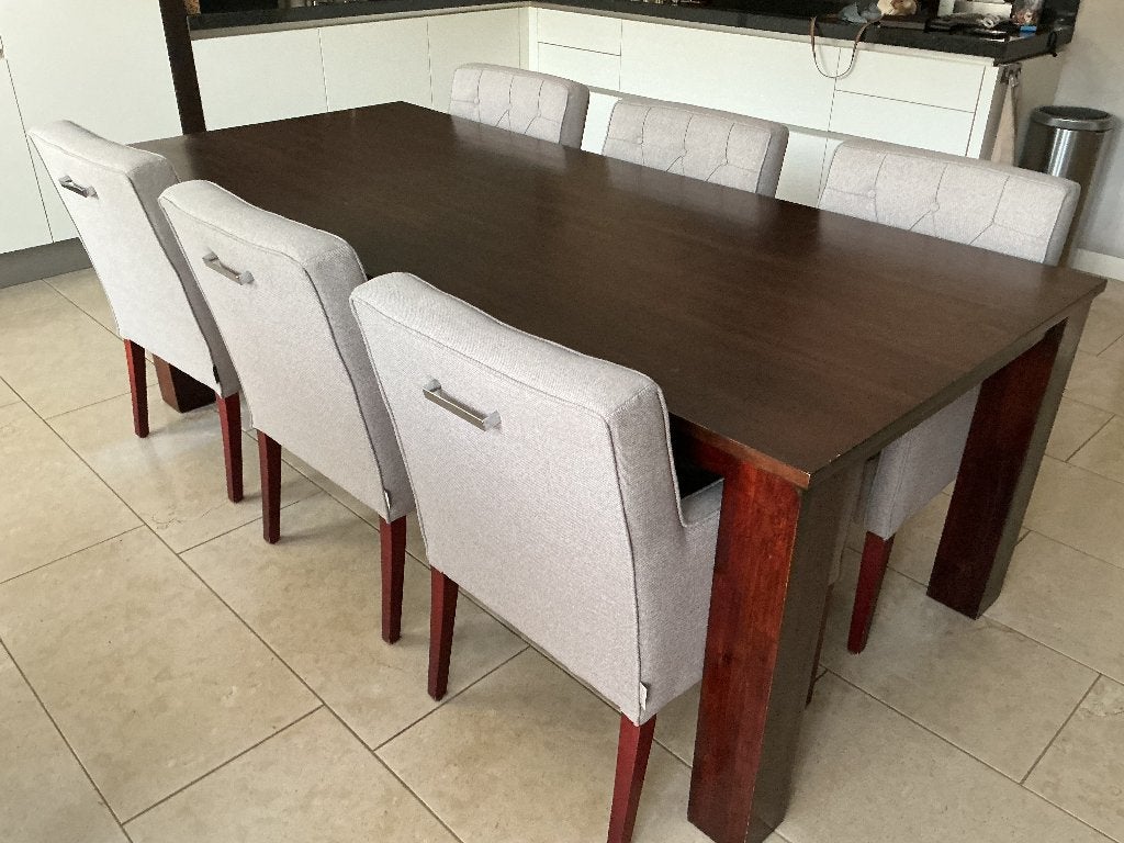 Massief Teak houten Tafel 225 x 100 x 78 cm + 6 Stoelen, Ophalen, Gebruikt, 100 tot 150 cm, Teakhout
