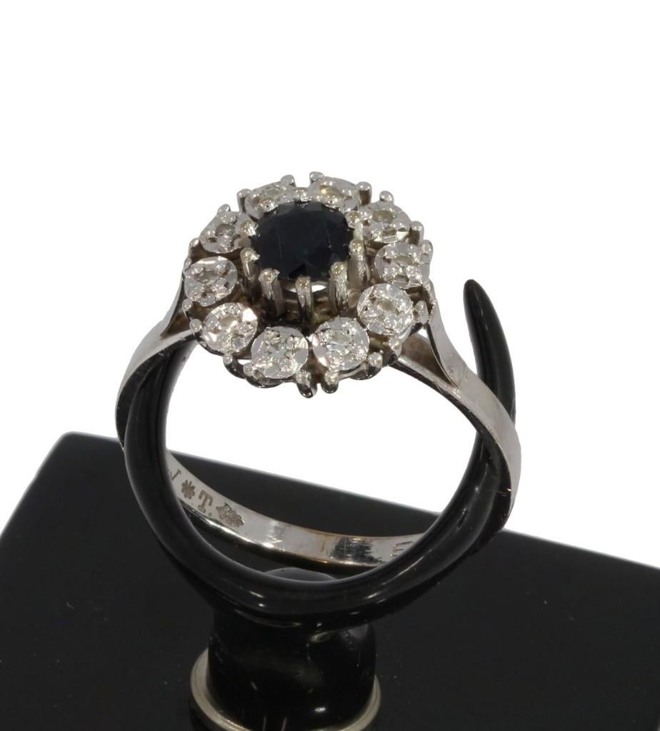 Diamanten saffier rozet 14k gouden entourage ring dame fraai, Voordeelsieraden, Verzenden, Zo goed als nieuw, 17 tot 18