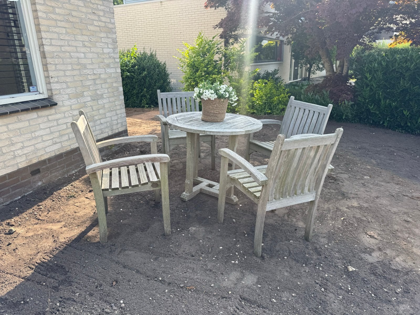 Teak tuinset met ronde tafel en 4 stoelen, Tuin en Terras, Ophalen, 4 zitplaatsen, Gebruikt, Eettafel