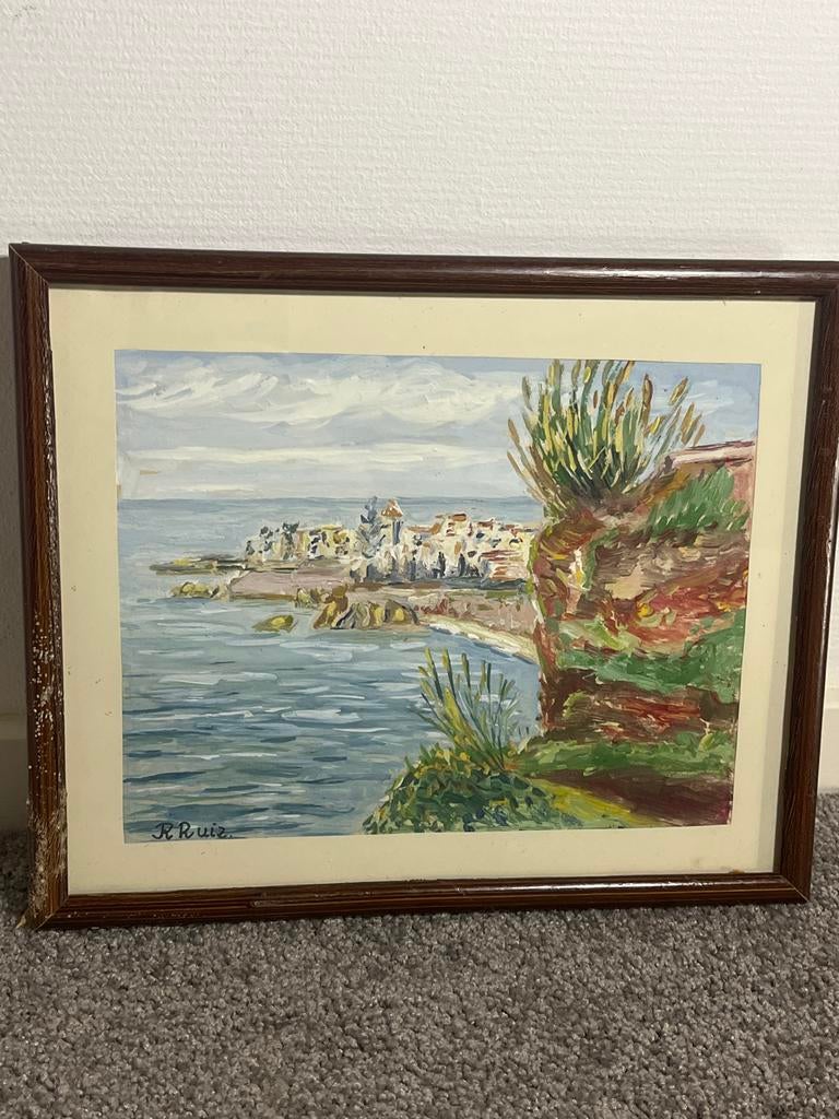 Antiek schilderij: Kustlandschap met dorp, Ophalen of Verzenden