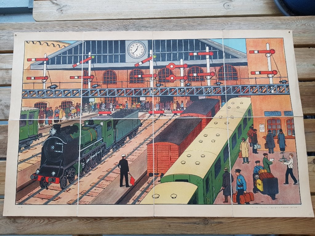 Treinstation oude schoolplaat uit Frankrijk litho op canvas., Antiek en Kunst, Origineel, Ophalen of Verzenden, Lithografie