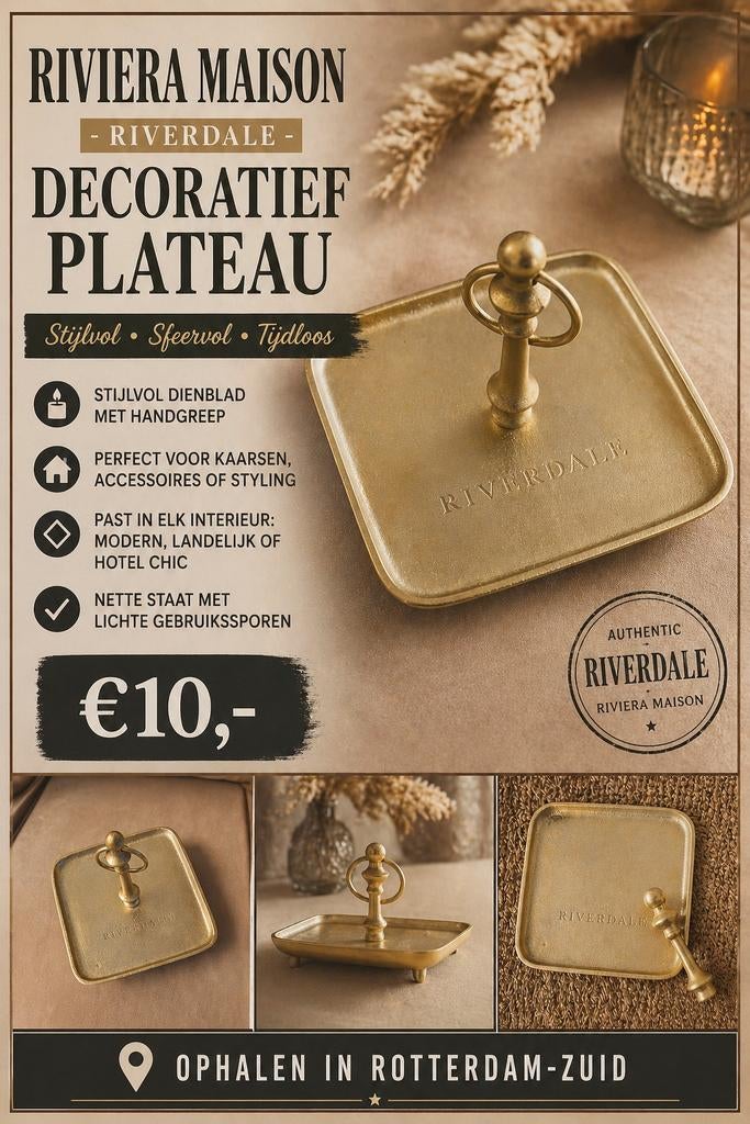 Riviera Maison Riverdale Decoratief Plateau, Ophalen, Gebruikt, Goud, Metaal