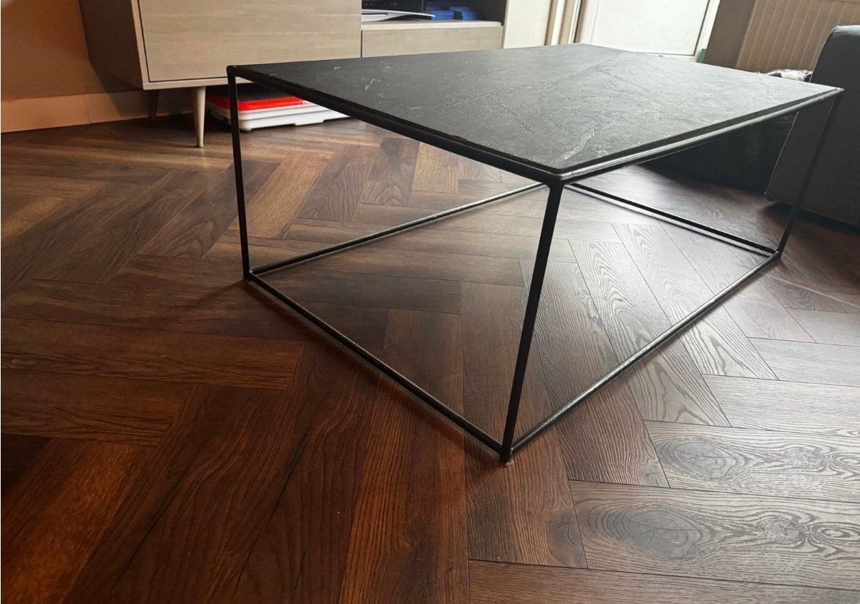 Salontafel met natuurstenen blad en metalen onderstel, Ophalen, 100 tot 150 cm, 50 tot 100 cm, Zo goed als nieuw