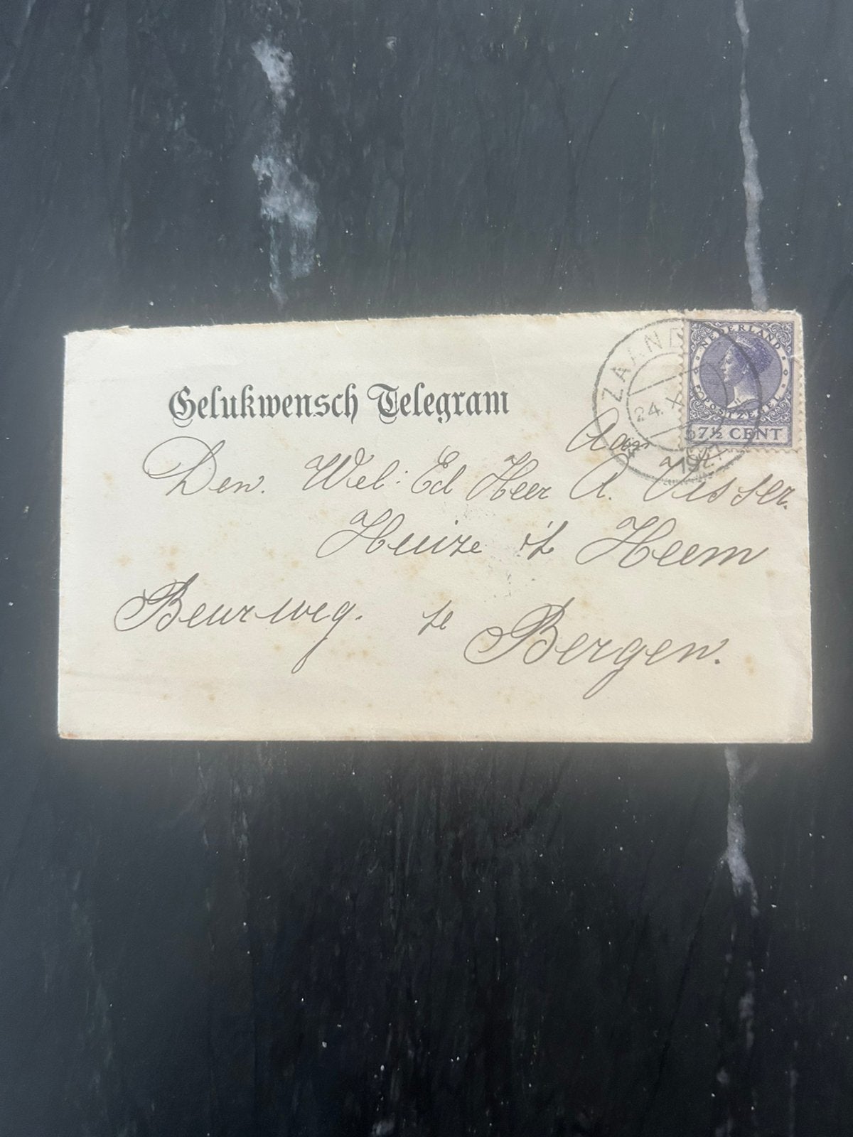 ZAANDAM GELUKWENSCH TELEGRAM gestuurd naar BERGEN, Ophalen of Verzenden, Envelop
