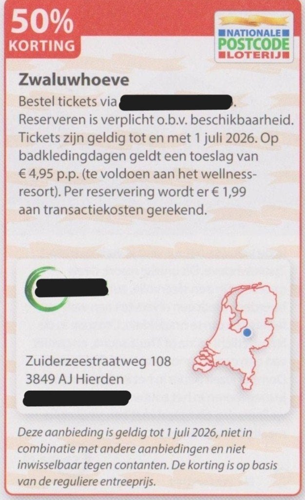 Zwaluwhoeve. Hierden. 30% korting. Postcodeloterij bon., Tickets en Kaartjes, Drie personen of meer, Kortingsbon, Spa of Sauna