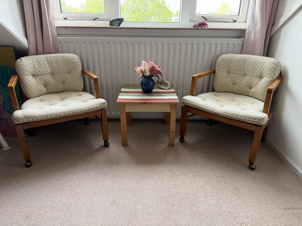 2 vintage Drexel Heritage fauteuils op wieltjes – jaren 70, Ophalen
