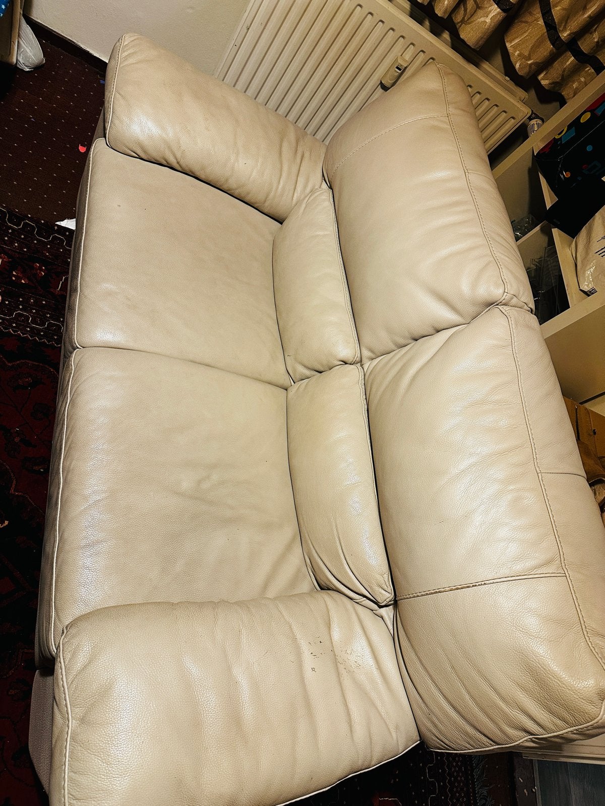 Comfortabele beige leren bank - 2-zits, Ophalen, Gebruikt, Driepersoons, Rechte bank