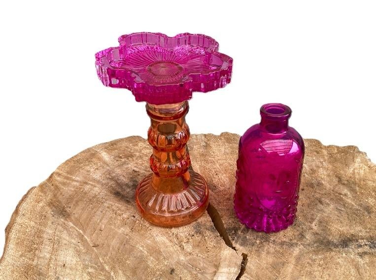 Kandelaar Flower Fuchsia Oranje Glas 12x17,5cm blokkaars, Huis en Inrichting, Woonaccessoires | Kandelaars en Kaarsen, Overige materialen