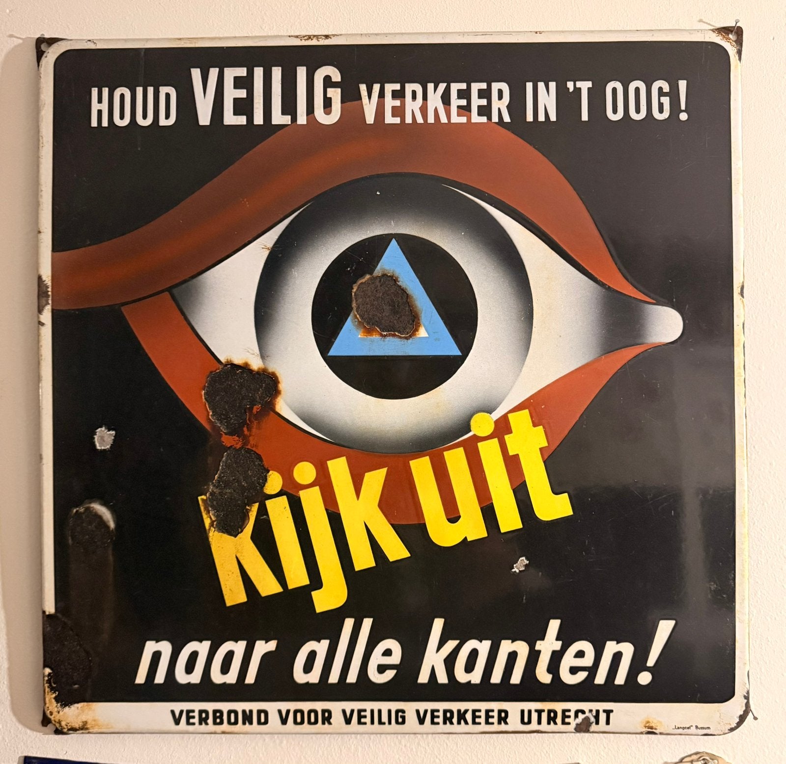 Emaille reclamebord Kijk uit! VVN reclame bord langcat, Ophalen of Verzenden, Zo goed als nieuw, Reclamebord