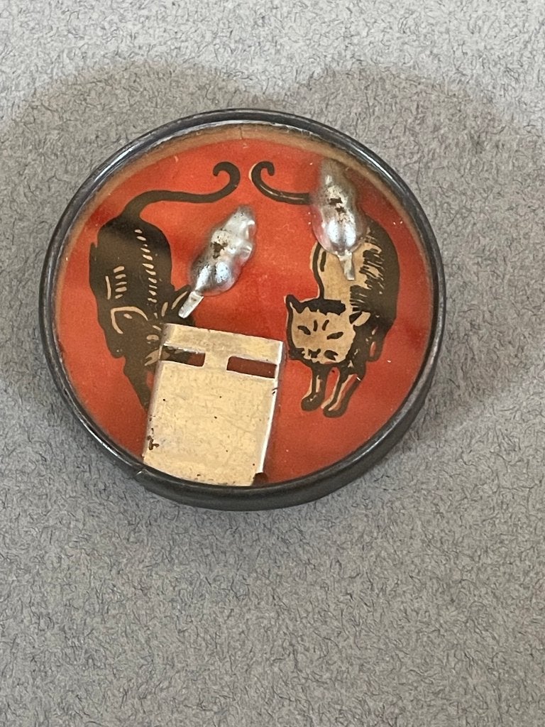 Antieke blikken geduldspelletje met muizen en spiegeltje, Ophalen of Verzenden