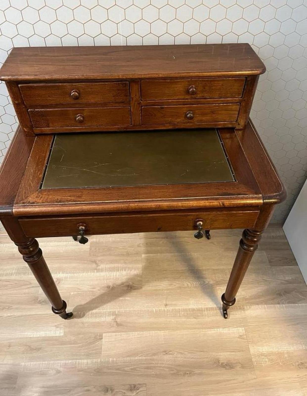 Antieke Secretaire Schrijftafel met Leren Blad en Wieltjes, Ophalen of Verzenden