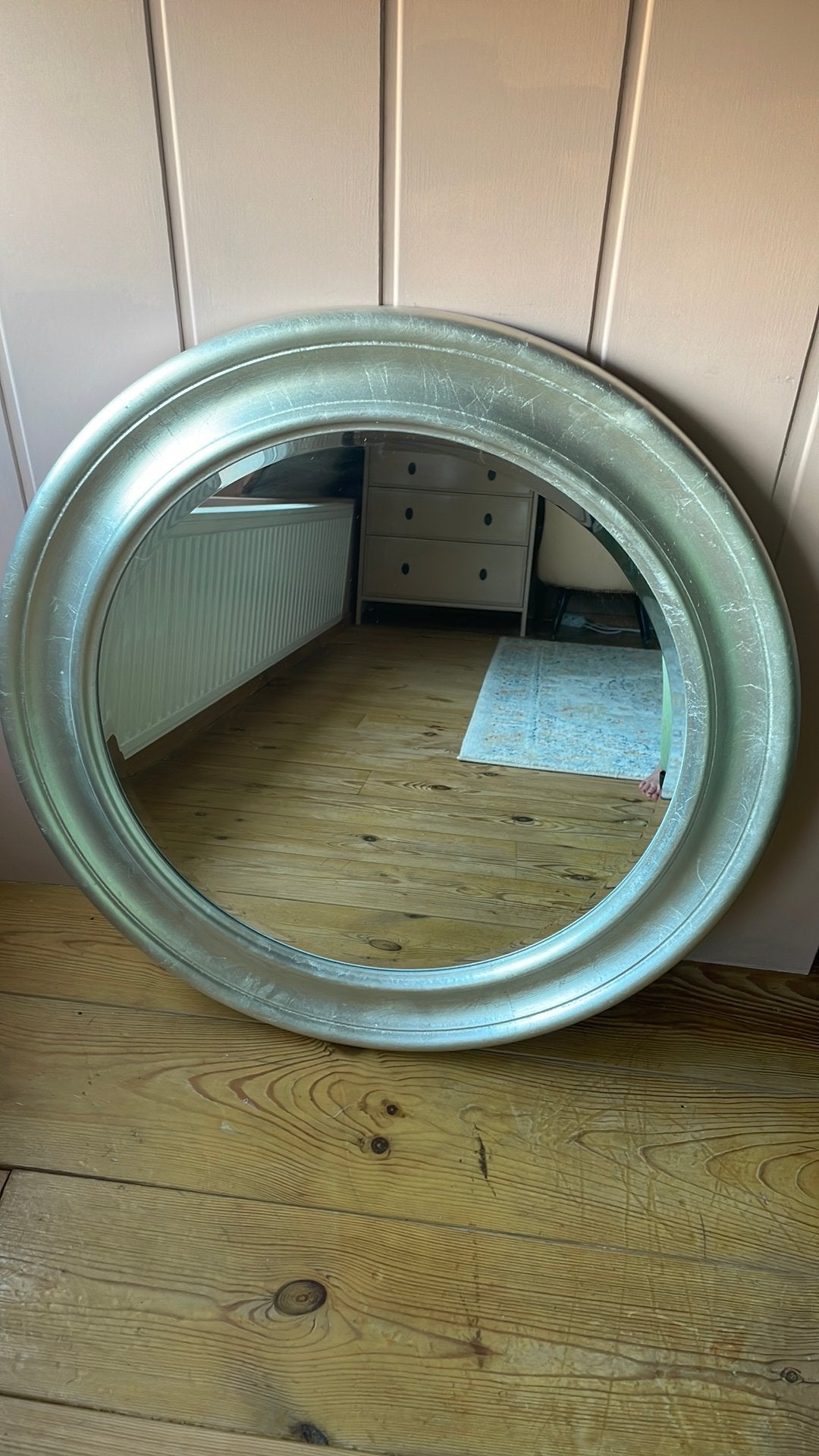 Ronde spiegel hout zilverkleurig 70 cm rond, Ophalen, Zo goed als nieuw, Rond, Hout