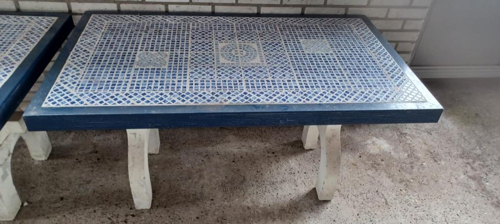 Mozaiektafels voor in de tuin - handgemaakt, Tuin en Terras, Tuintafels, Ophalen, Gebruikt, Rechthoekig, Overige materialen