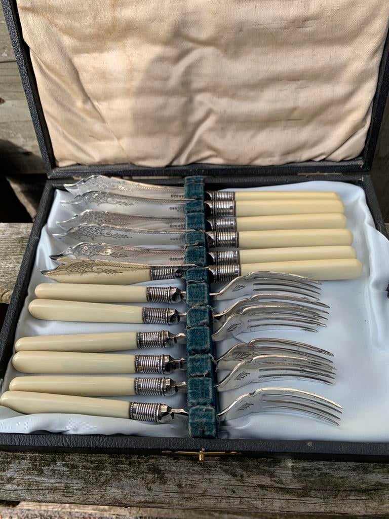 Antiek 12 delig verzilverd bestek in orginele doos, Verzenden
