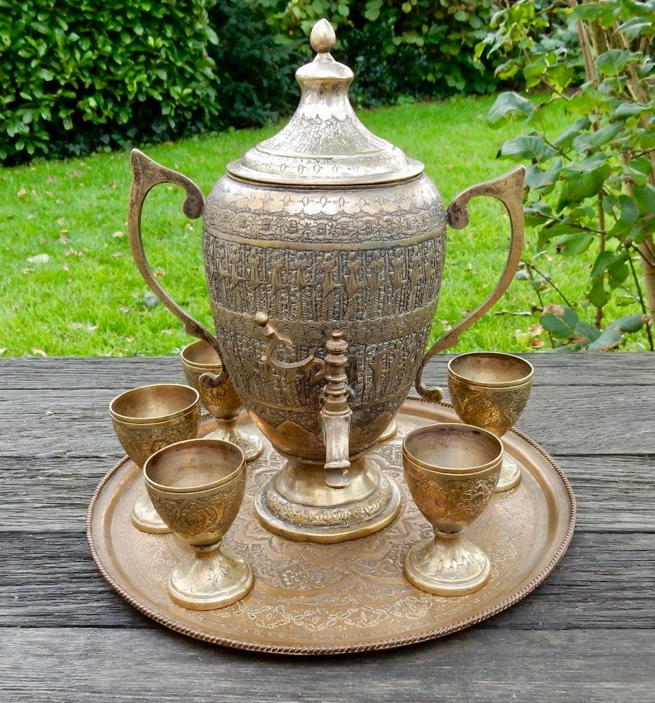 Samovar wijnkan waterkan compl met kelken dienblad samovaar, Ophalen, Koper
