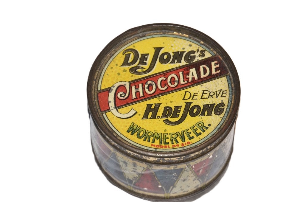 blik chocolade cacao De Jong Wormerveer soldaat op paard, Ophalen of Verzenden, Gebruikt, Overige