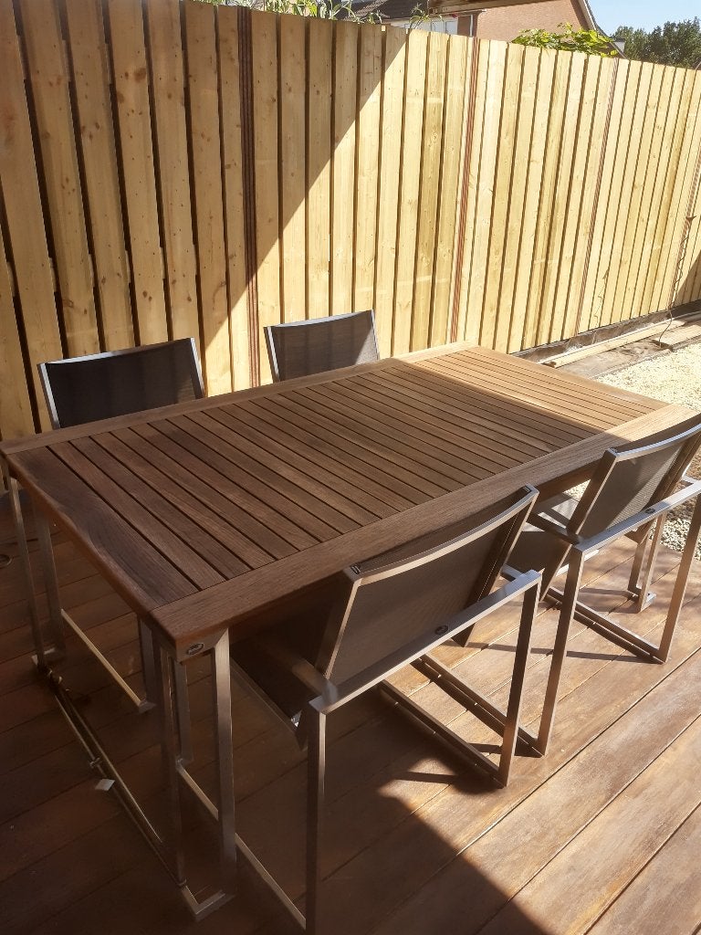 TUINSET; TAFEL teakhout en 4 stoelen rvs met textileen, Ophalen, 4 zitplaatsen, Gebruikt, Teakhout