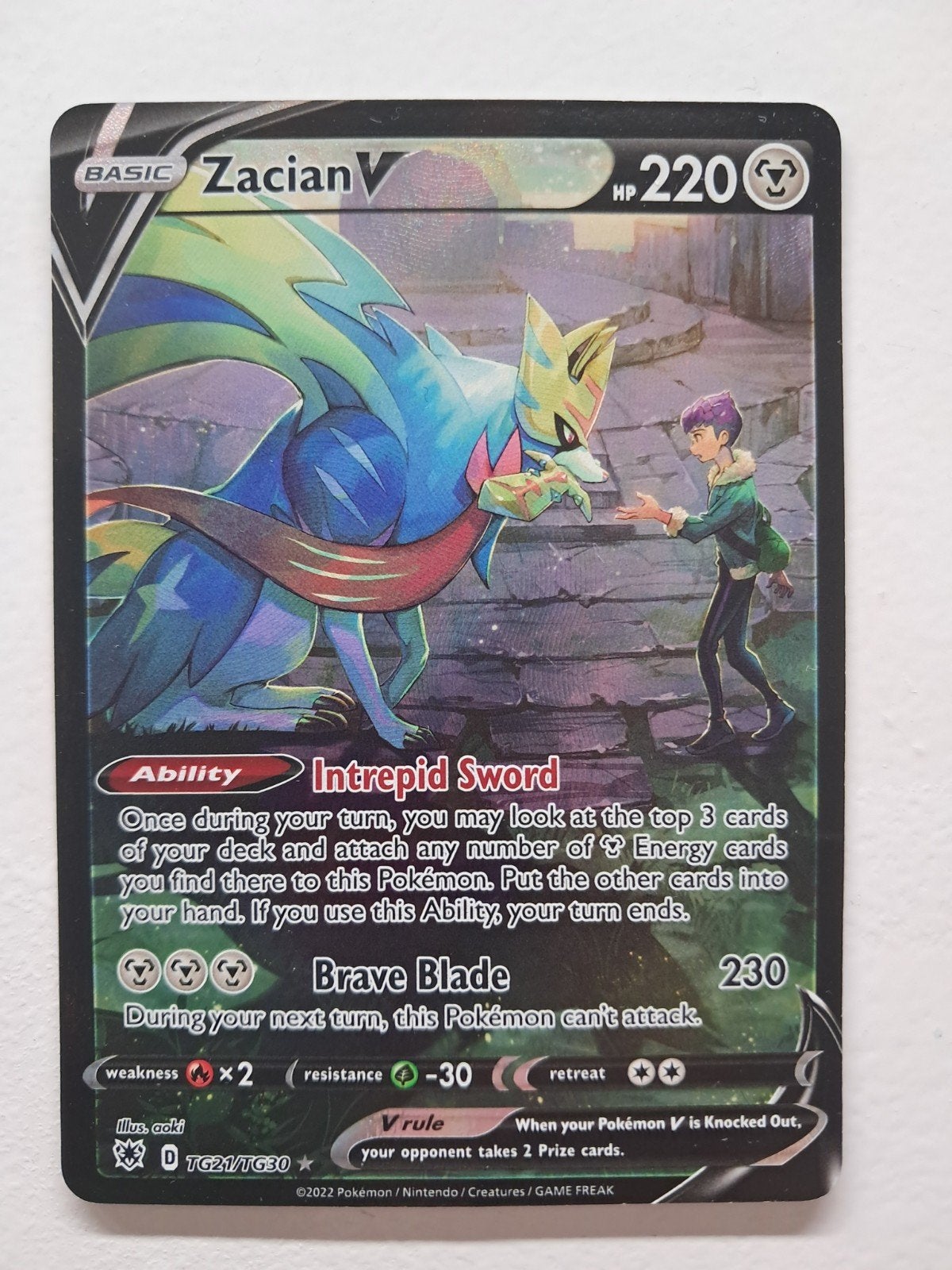 Zacian V Pokémon Kaart - TG21/TG30 - Crown Zenith, Ophalen of Verzenden, Zo goed als nieuw, Losse kaart, Foil