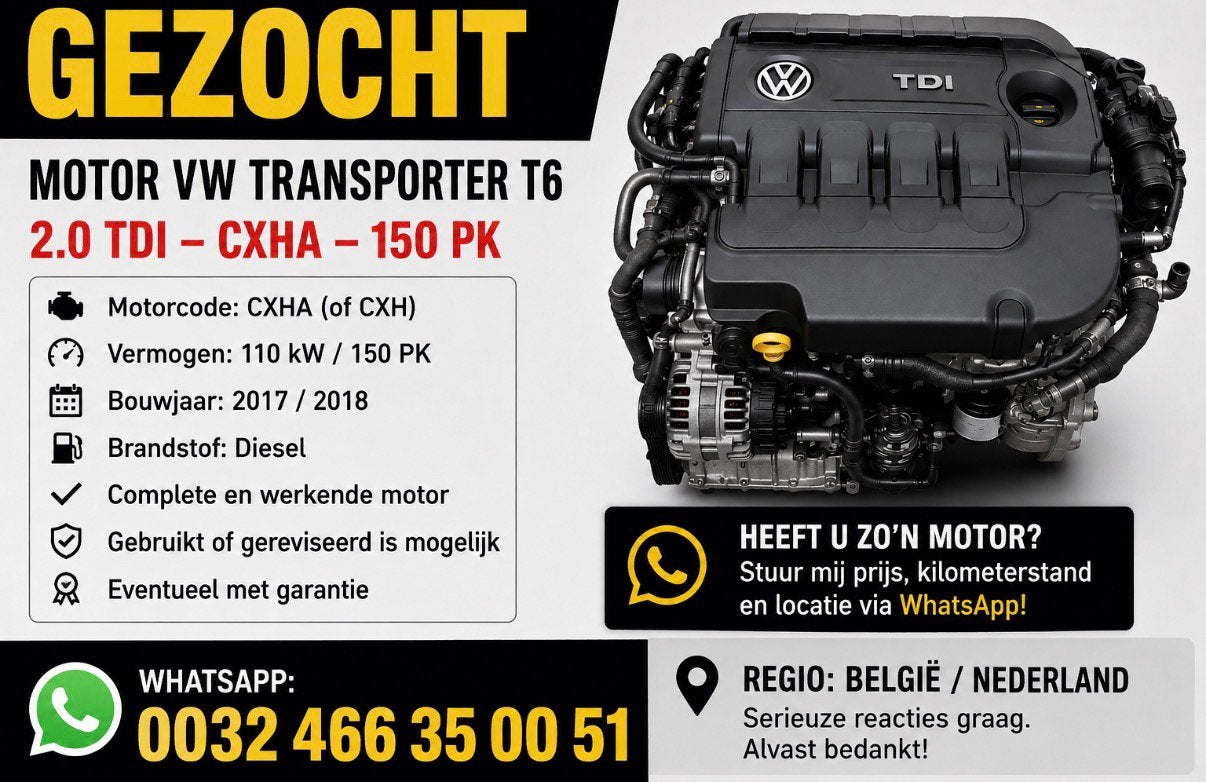 GEZOCHT: MOTOR VW TRANSPORTER T6, Auto-onderdelen, Ophalen of Verzenden, Volkswagen
