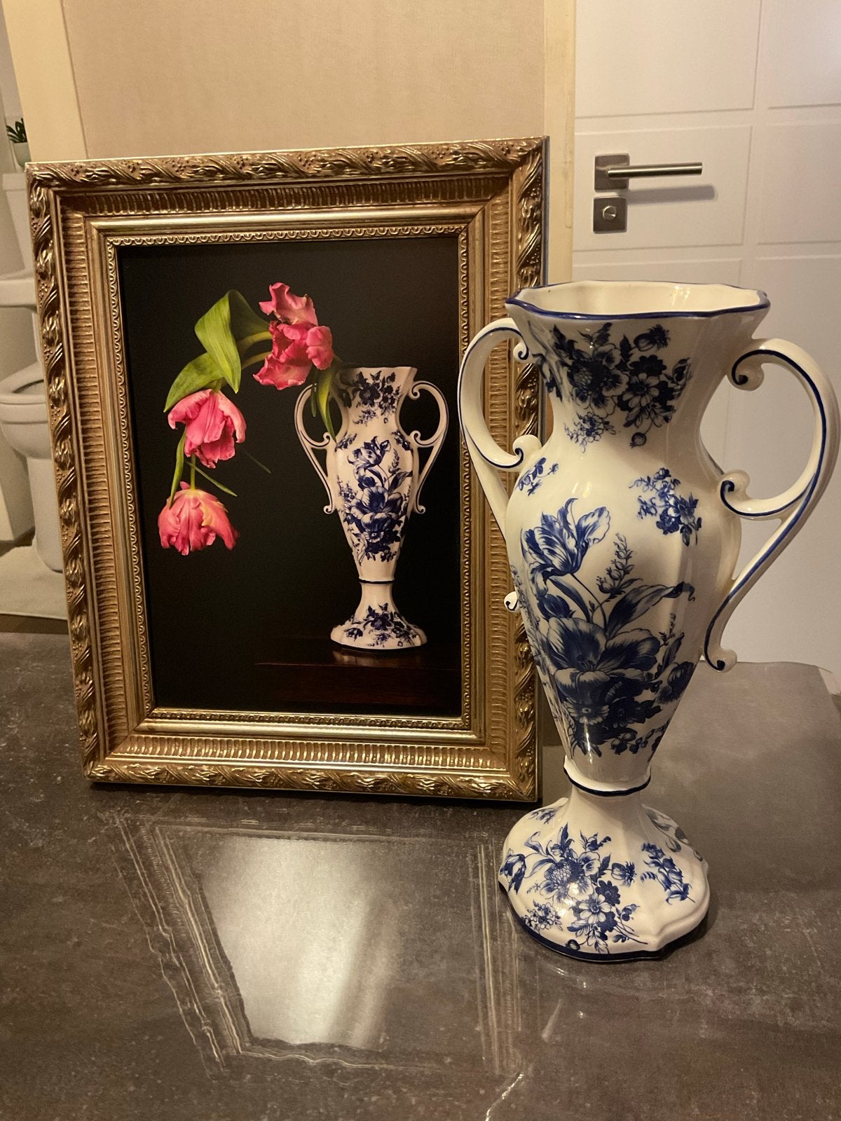 Schilderij en vaas met Delfts blauw decor, Ophalen of Verzenden